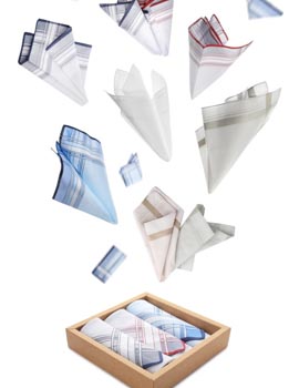 Many,Different,Handkerchiefs,Falling,Into,Box,On,White,Background